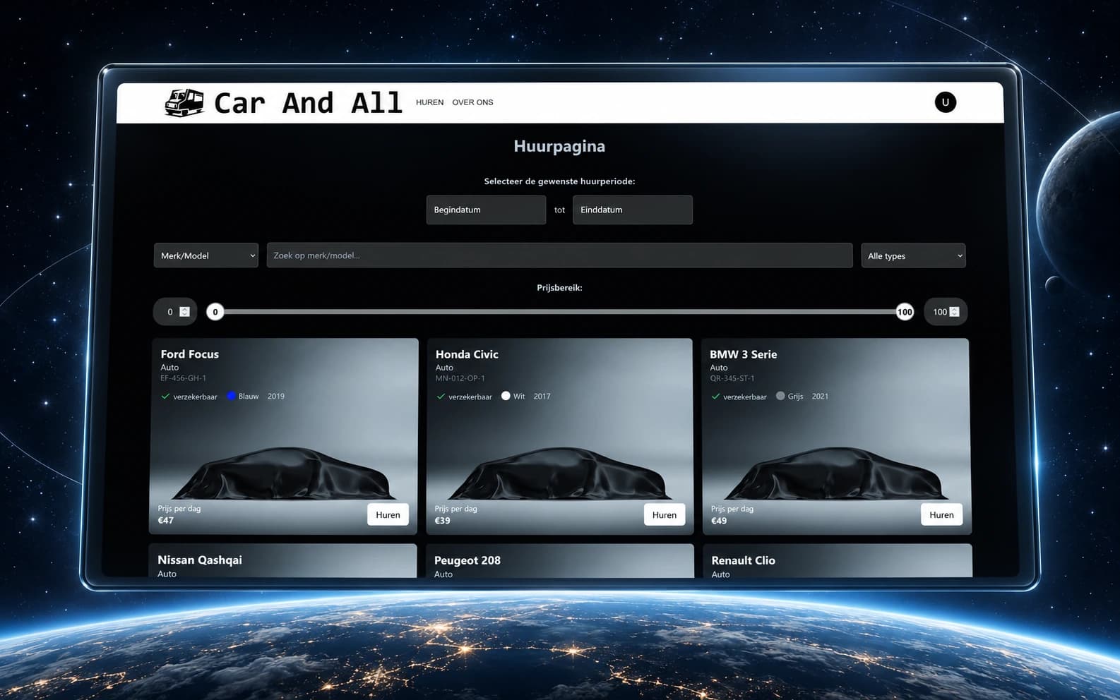 Car And All interface in a floating display above Earth's horizon