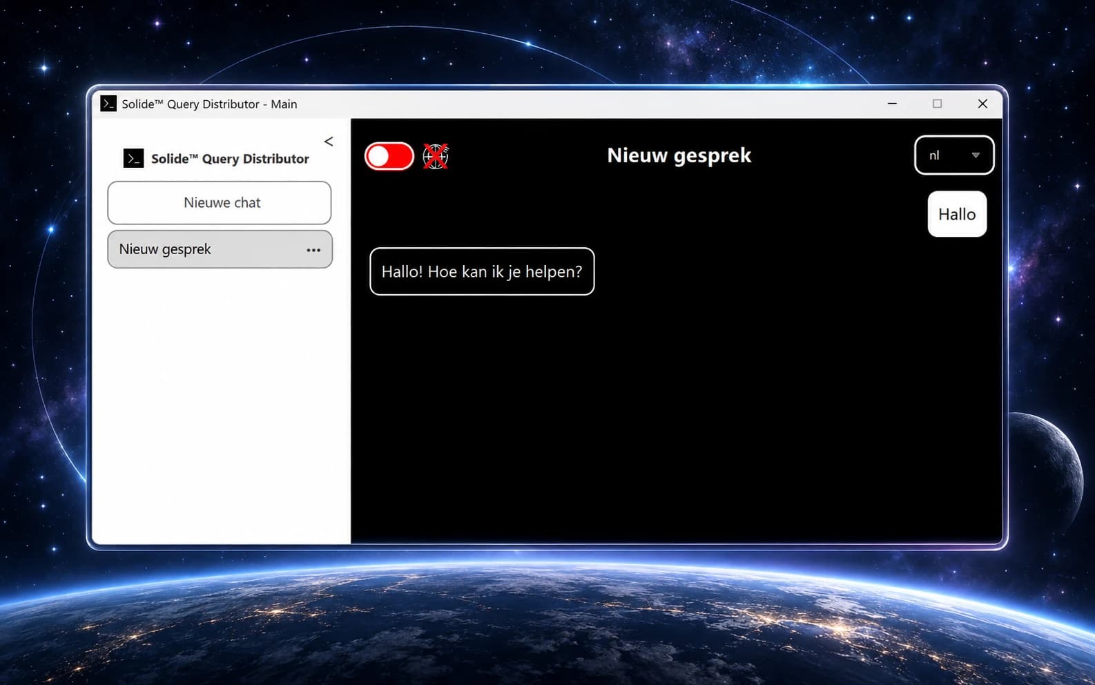 Solide Query Distributor chat interface in a floating display above a moon